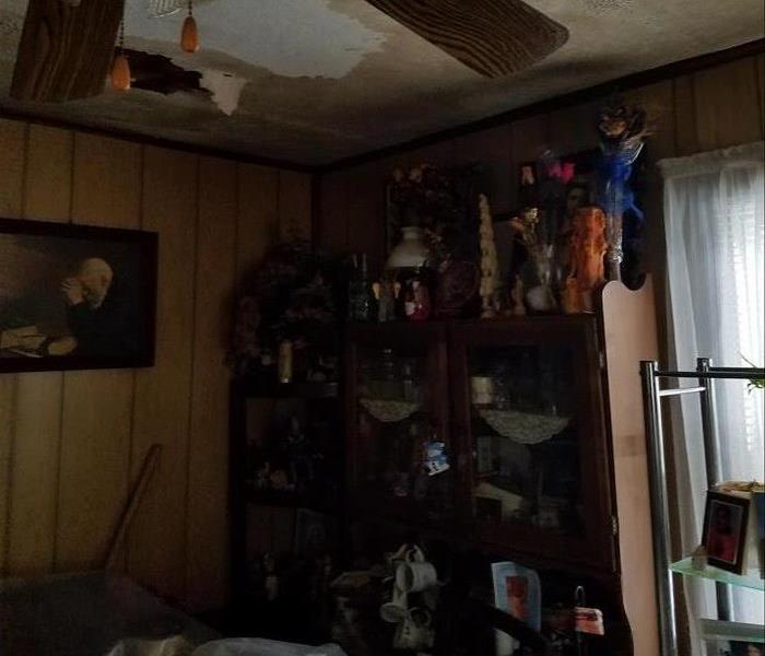 Ceiling is destroyed from the excess water caused by the storm 
