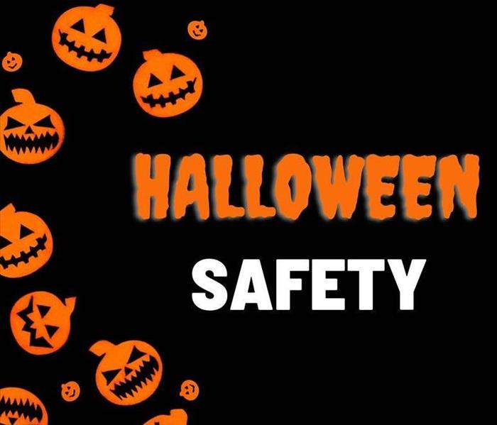 A graphic picture of Jack-O' Lanterns with words of Halloween Safety