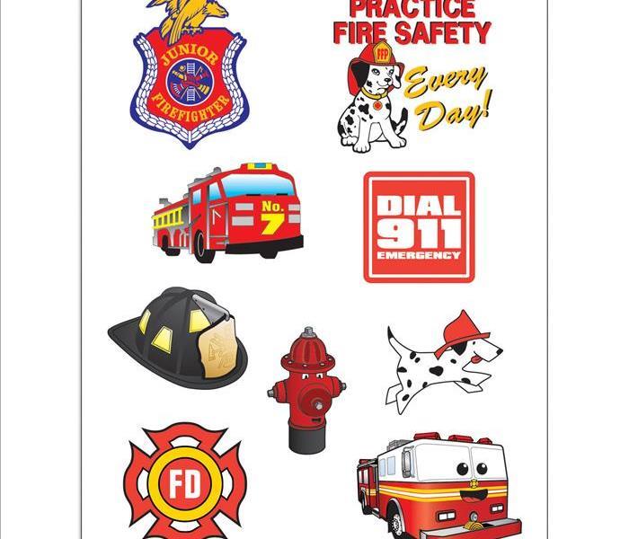 A picture of different kid friendly graphics for fire safety,